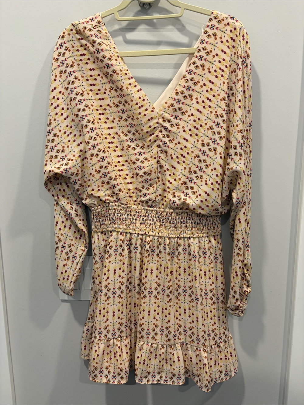 Cream Floral-Print V-Neck Smocked Mini Dress with Long Sleeves